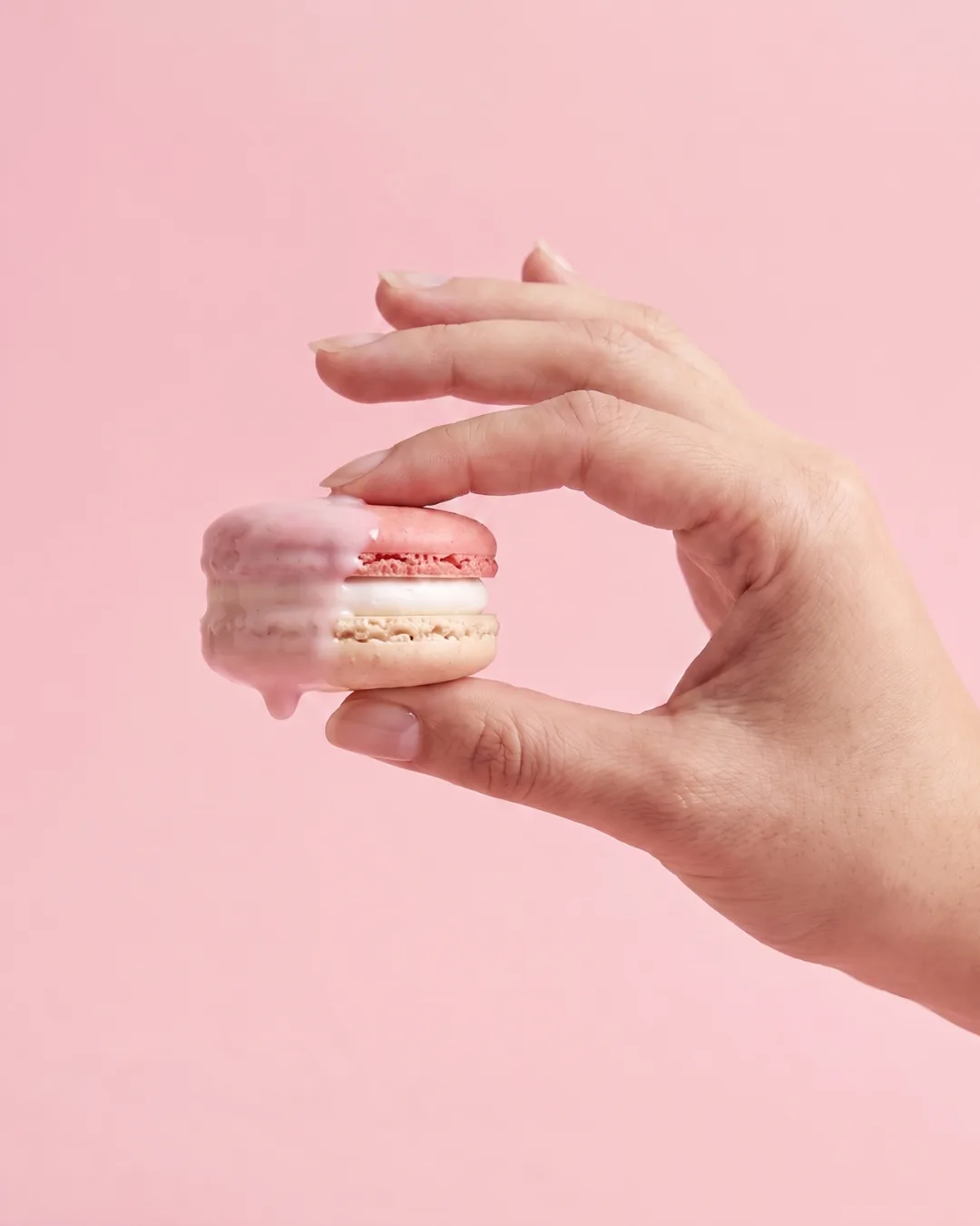 Strawberry milk macaron AI product visual